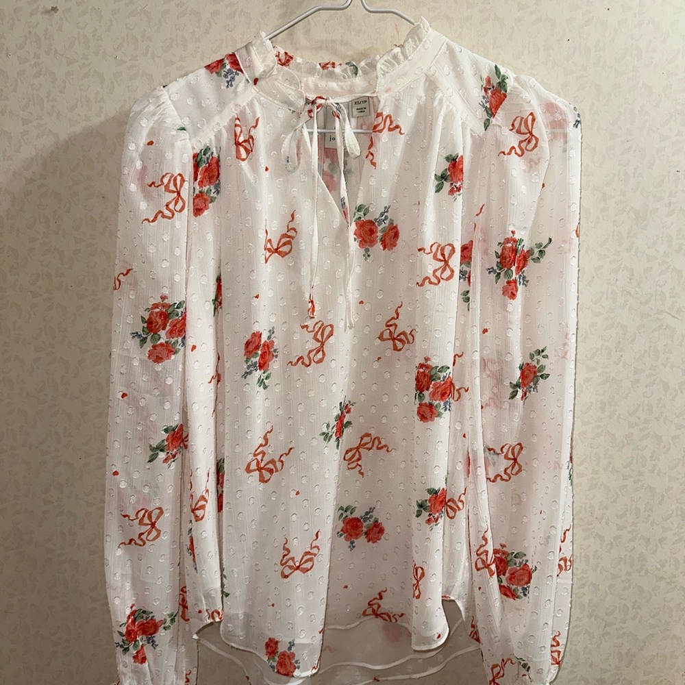 Joie White Sheer Floral Tie-Neck Blouse